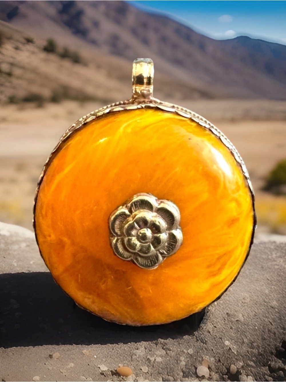 Ethnic Tibetan Silver Pendant With Auspicious Floral Carving & Amber Resin 38gr